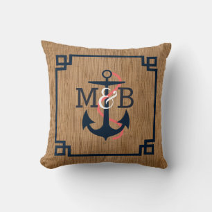 Coussin Bois Brown Bleu Bateau nautique Ancre et cadre