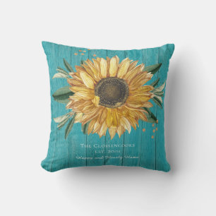 Coussin Bois de grange bleu sarcelle soleil doré rustique