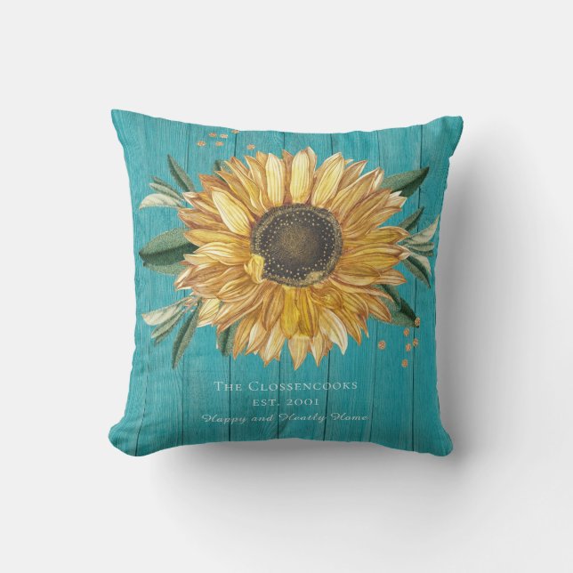 Coussin Bois de grange bleu sarcelle soleil doré rustique (Recto)