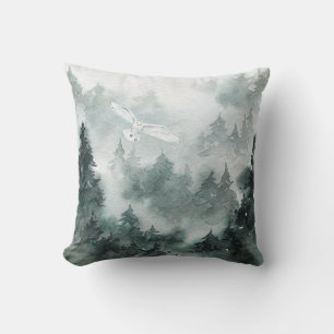 Coussin Bois Foggy Mountain Forest Cercler Chouette blanch