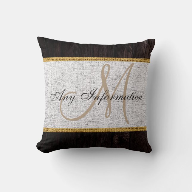 Coussin Bois look Burlap blanc Monogramme rustique (Recto)