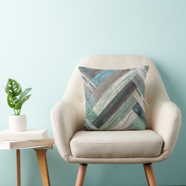 Coussin Bois rustique chevron vert gris bleu beige (Chaise)