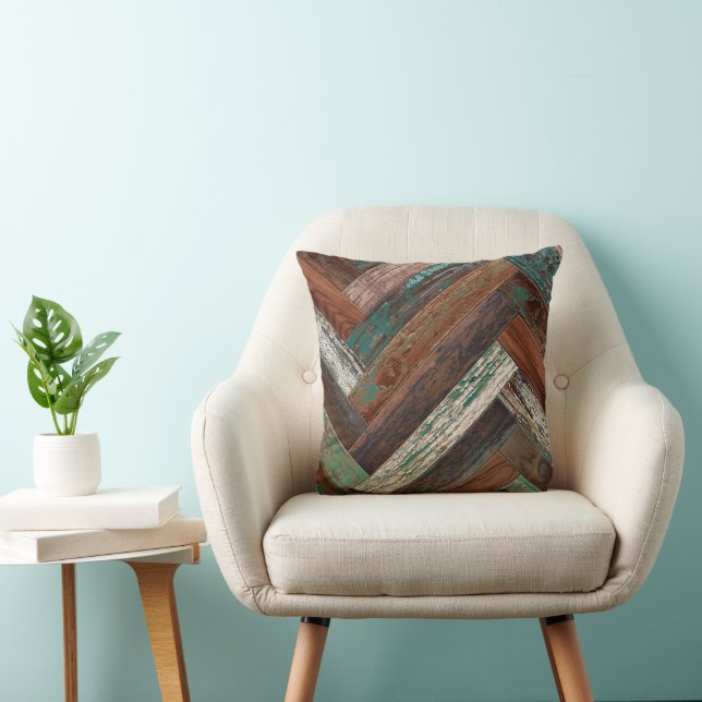 Coussin Bois Rustique Chevron Vert Rouille Marron (Chaise)