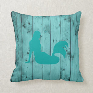 Coussin Bois rustique de sirène de turquoise de bois de