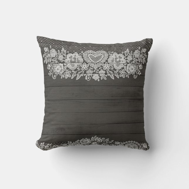 Coussin Bois rustique et dentelle blanche Élégance champêt (Recto)
