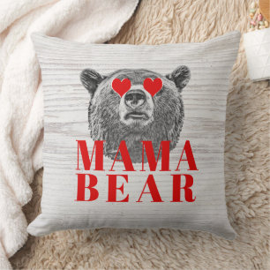 Coussin Bois rustique Grain Rouge Coeurs Mama Ours