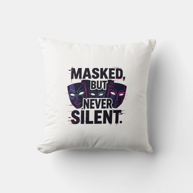 Coussin Bold Digital Art with Three Stylized Masks and "Ma (Recto)