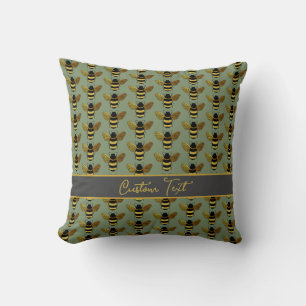 COUSSIN BOMBLEBEE OR BLACK BEE RÉPÉTER MOTIF VERT