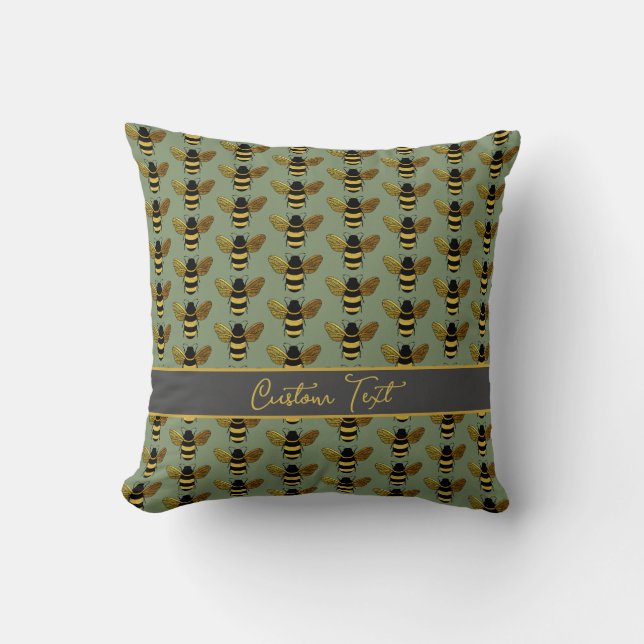 COUSSIN BOMBLEBEE OR BLACK BEE RÉPÉTER MOTIF VERT (Recto)