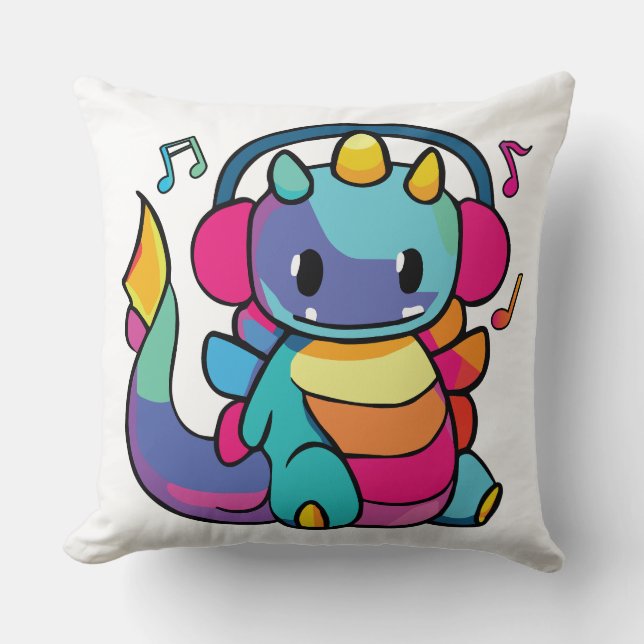 Coussin Bon dragon avec écouteurs écoutant de la musique. (Recto)