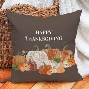Coussin Bon thanksgiving Brown Orange Citrouilles blancs