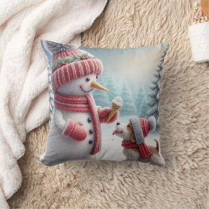 Coussin Bonhomme de neige de Noël avec chien