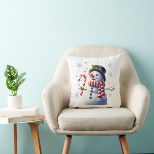 Coussin Bonhomme de neige de Noël joyeux avec canne de bon
