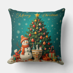 Coussin Bonhomme de neige festif et sapin de Noël avec cad