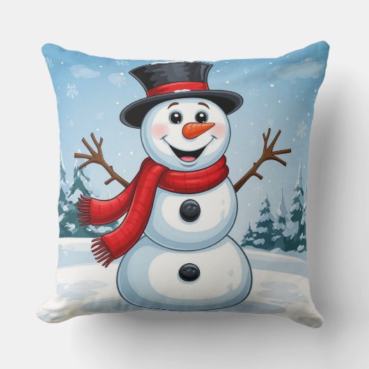 Coussin Bonhomme de neige heureux Noël festif hiver cosy (Recto)