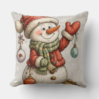 Coussin Bonhomme de neige joyeux avec des boules de Noël