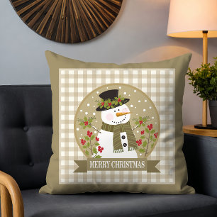 Coussin Bonhomme de neige rustique Noël holly gingham Joye