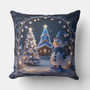 Coussin Bonhomme de neige, sapins de Noël et maison