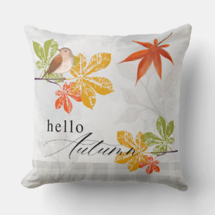 Coussin Bonjour Automne avec oiseau et feuilles d'automne