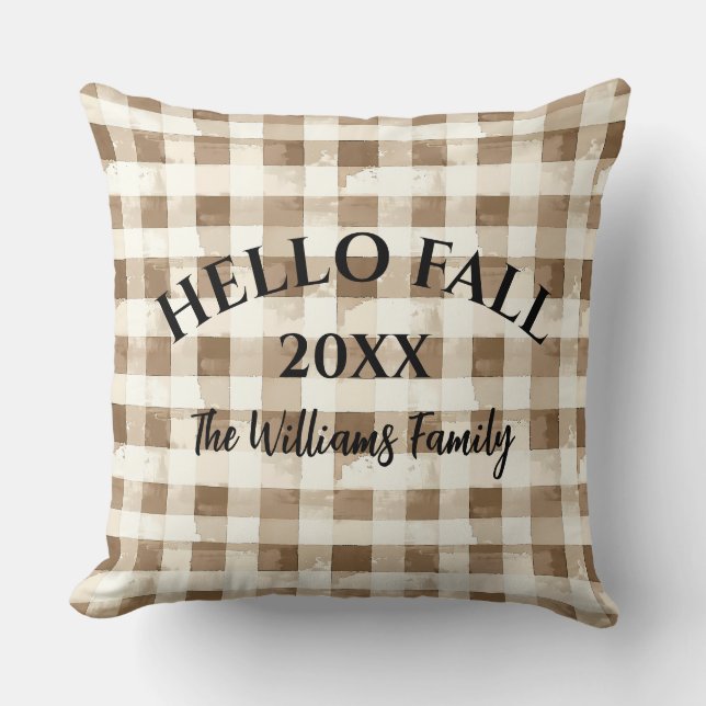 Coussin Bonjour Automne Brown Plaid Farmhouse Jeu d'oreill (Recto)
