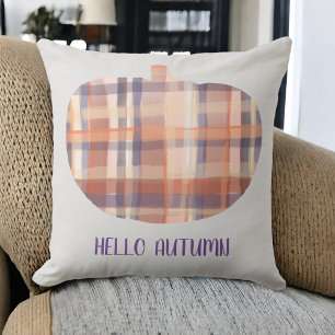 Coussin Bonjour automne citrouille tartan aquarelle gris o