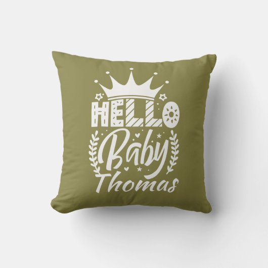 Coussin Bonjour bébé avec Couronne & Nom Olive Green (Recto)