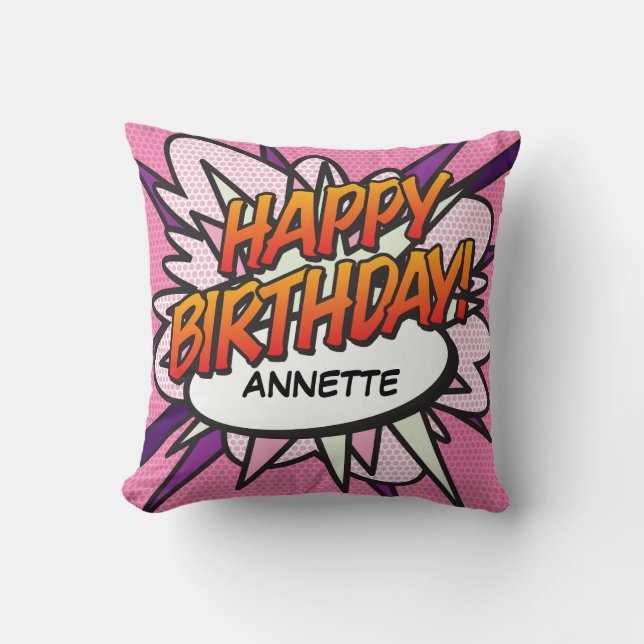 Coussin BONJOUR D'ANNIVERSAIRE Fun Retro Comic Book Pop Ar (Recto)
