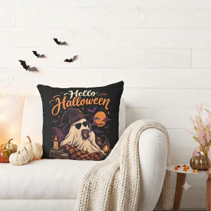 Coussin Bonjour Halloween Gentil Fantôme Buvant du Café