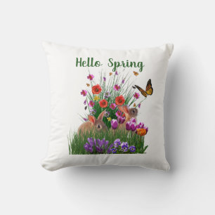 Coussin Bonjour lapins de Pâques de printemps et jardin de