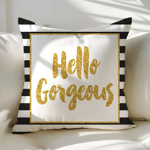 Coussin Bonjour Magnifique Rayures Noir & Blanc Or