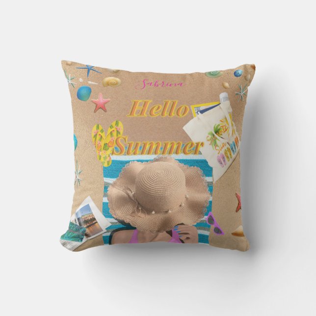 Coussin Bonjour Summer Fun Beach Seashells personnalisé (Recto)