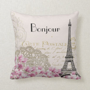 Coussin Bonjour Vintage Tour Eiffel Collage avec Fleurs