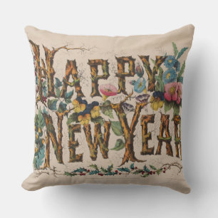 Coussin Bonne Année, Impression Vintage Currier & Ives