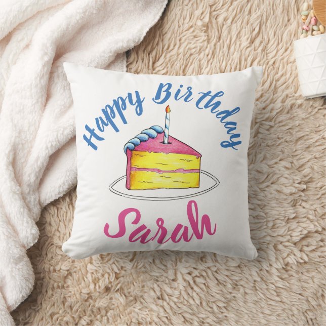 Coussin Bonne fête d'anniversaire Pink Cake Slice Candle P (Couverture)