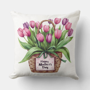 Coussin « Bonne fête des Mères » Panier floral de tulipes 