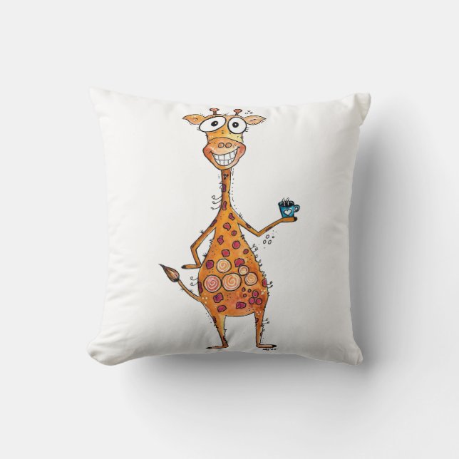 Coussin Bonne Giraffe Whimsical Boire Café (Recto)