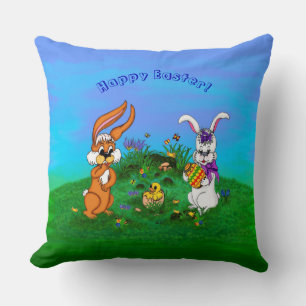 Coussin Bonne Pâques ! Lapin avec lapin et poussin