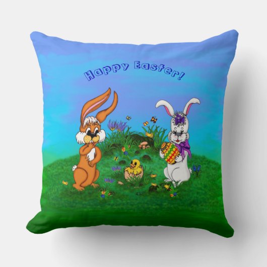 Coussin Bonne Pâques ! Lapin avec lapin et poussin (Recto)
