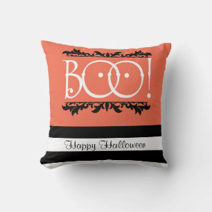 Coussin Boo ! Halloween orange et noir rayé de blanc chic