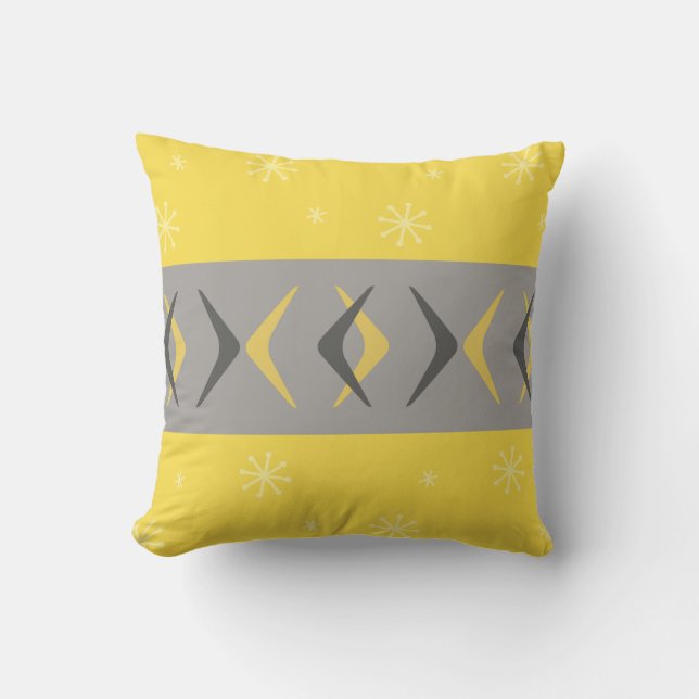Coussin Boomerangs modernes du milieu du siècle gris jaune (Recto)