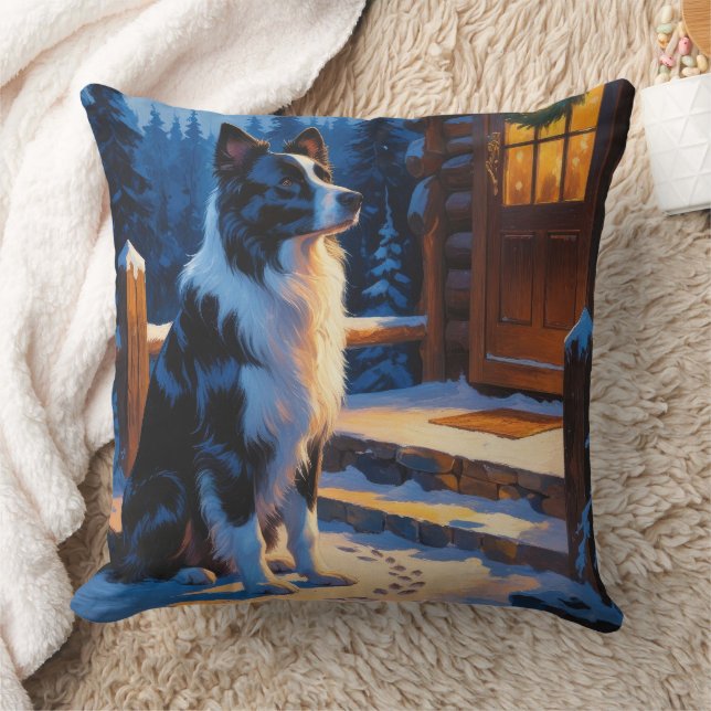 Coussin Border Collie avec lumières de Noël pour les Fêtes (Couverture)