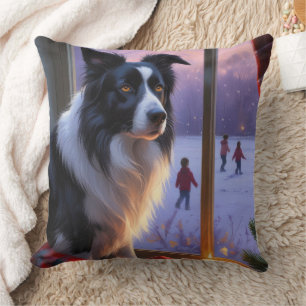 Coussin Border Collie avec lumières de Noël vacances