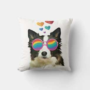Coussin Border Collie Chien avec coeurs Saint-Valentin