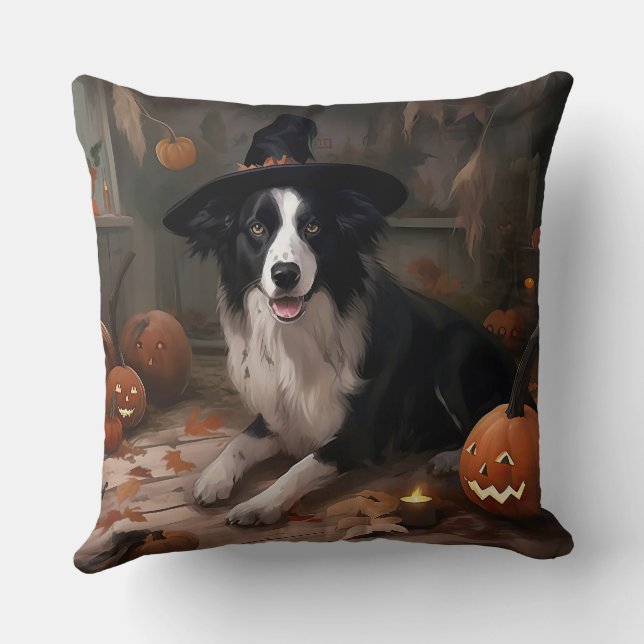 Coussin Border Collie Citrouilles Halloween Épouvantable (Verso)