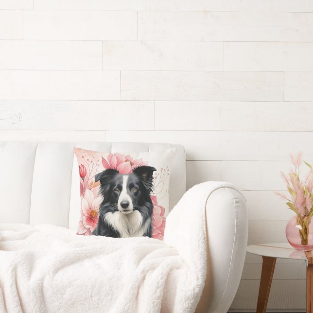Coussin Border Collie Dog and Bold Pink Lilies (Canapé)