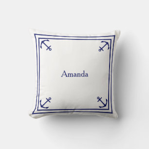 Coussin Bordure Ancre bleue de la Marine sur blanc
