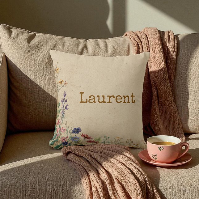 Coussin Bordure beige Fleur sauvage Boho rustique (Beige Border Rustic Boho Wildflower Throw Pillow)