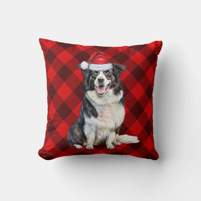 Coussin Bordure Collie Buffalo rouge Plaid Christmas Dog (Recto)