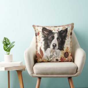 Coussin Bordure Collie Chien Automne Aquarelle Fleurs
