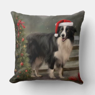 Coussin Bordure Collie Chien dans neige Noël